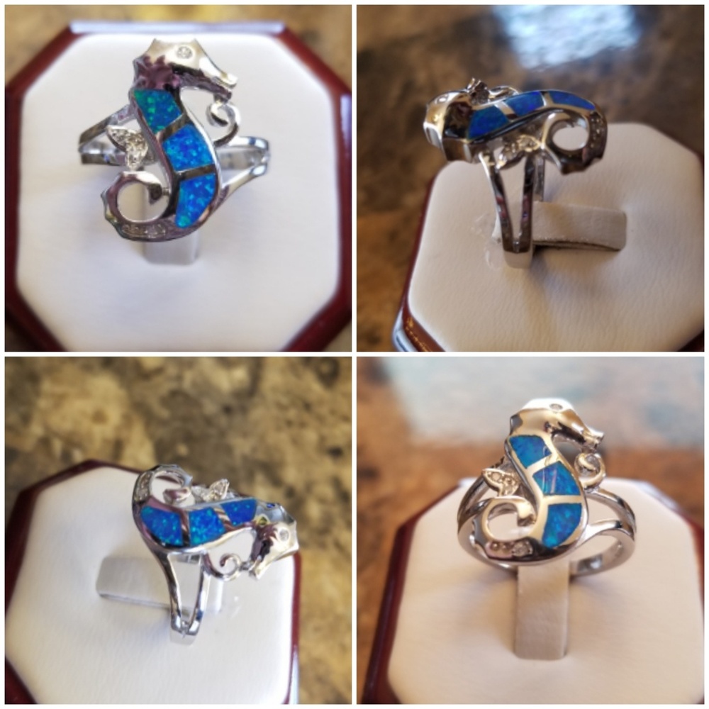 Genuine White Sapphire/Australian Opal Inlay Ring - Picture 2 of 5